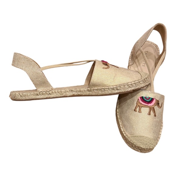 Talbots Gold Embroidered Elephant Espadrille 10 Beaded Slingback Flats - Picture 6 of 9